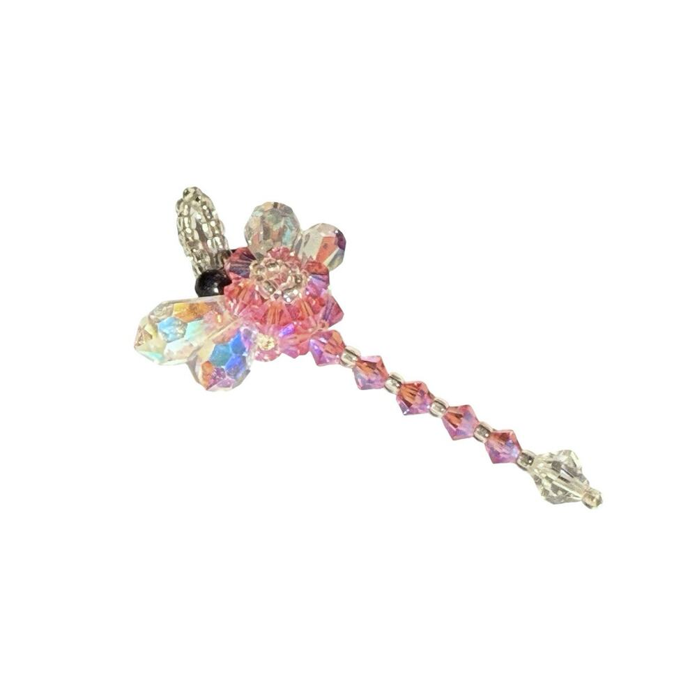 Dragonfly Faceted Beaded Pendant Aurora Borealis Handmade Pink - Picture 5 of 7